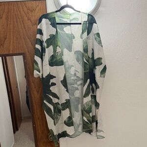 Leaf Print Sheer Kimono Cardigan - Green and White
